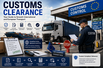Europäische Zollabfertigungsabläufe mit Lkw, Frachtcontainern, Grenzkontrollen und internationaler Logistik