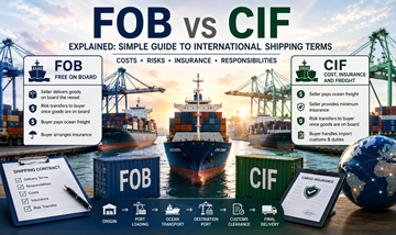 Vergleich zwischen den Versandklauseln FOB und CIF mit Containerschiff-Frachttransport und internationalen Logistikabläufen